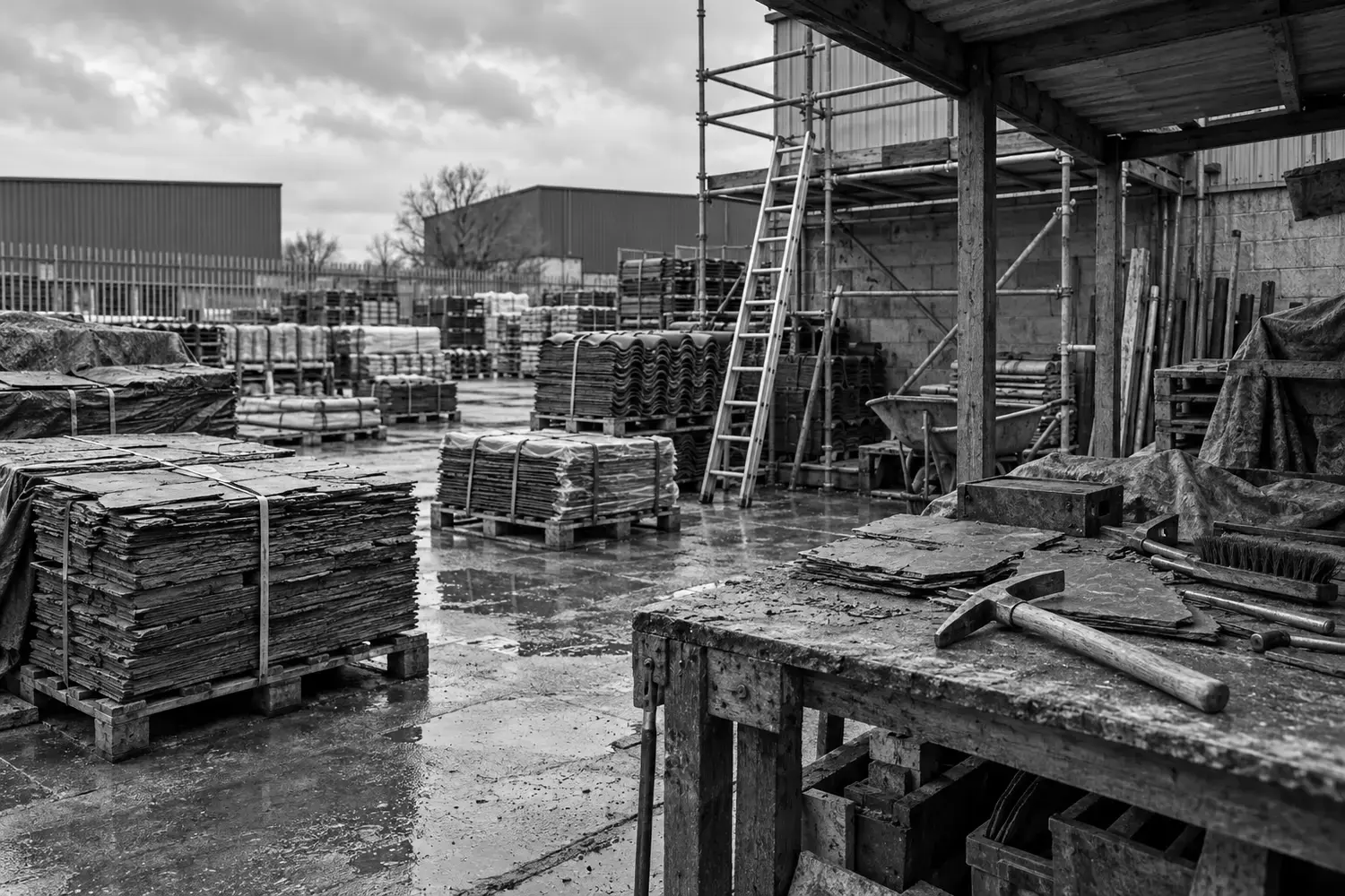 Beispielbild: Lagerplatz eines Dachdeckers mit Schiefer und Ziegeln